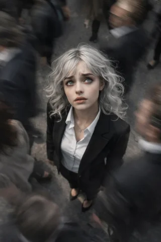 Top-View Urban Crowd Motion Blur Woman — Nano Banana 2 AI Prompt: A woman with long hair stands on the street, surrounded by people who pass her....