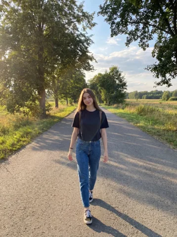 Country Road Golden Hour Girl Walking — Nano Banana 2 AI Prompt: { "image_generation": { "subject": { "type": "young woman", "pose": "walking nat...