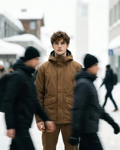 Urban Motion Blur Top-View Fashion Portrait — Nano Banana 2 AI Prompt: A high fashion magazine pictorial of an Alpine-looking man in her early 25s who...