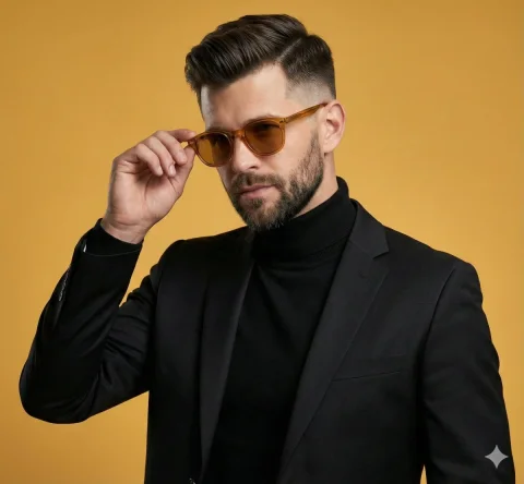 Yellow Background Black Suit Fashion Portrait — Nano Banana 2 AI Prompt: Confident stylish man wearing a black suit and black turtleneck, adjusting amber...