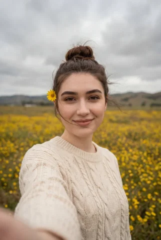 Yellow Wildflower Field Knit Sweater Selfie — Nano Banana 2 AI Prompt: Natural outdoor portrait of a young woman standing in a vast field of small yell...