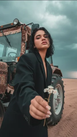 Desert Tractor Wildflower Fashion Editorial — Nano Banana 2 AI Prompt: Ultra-detailed cinematic close-up photograph, ultra-photorealistic, 8K resolutio...