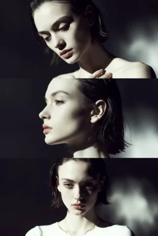 Minimalist Female Fashion Editorial Triptych — Nano Banana 2 AI Prompt: Preserve the face, proportions, and external features of the model as in the ref...