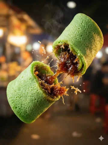 Night Market Floating Street Food Macro — Nano Banana 2 AI Prompt: Ultra-realistic floating street food, crispy dessert/snack split mid-air, gooey...