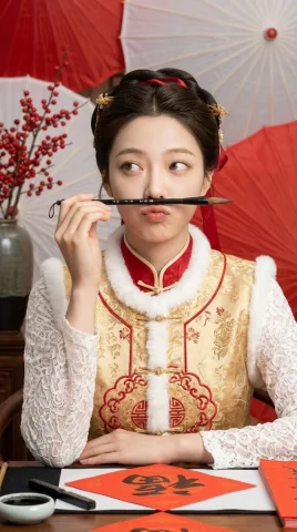 Spring Couplets — The Girl with a Brush Mustache — Nano Banana 2 AI Prompt: { "portrait_prompt": { "subject": { "description": "Based on , a you...