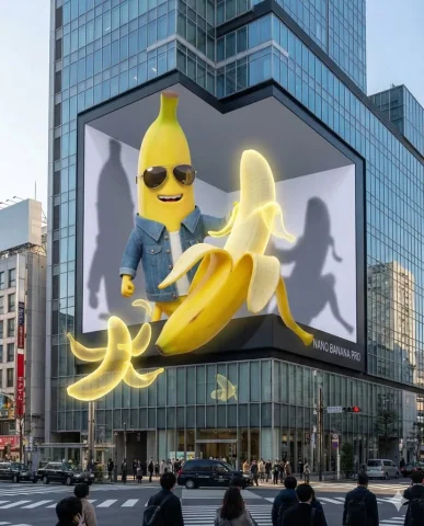 3D LED Billboard Banana Mascot — Nano Banana 2 AI Prompt: An enormous L shaped glasses free 3D LED screen situated prominently at a bustli...