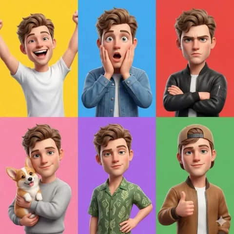 Pixar-Style 6-Panel Expression Grid — Nano Banana 2 AI Prompt: A 3D Pixar-style animated young male character showcased in a 6-panel grid layou...
