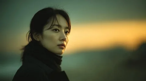 Sunset Side Profile Cinematic Portrait — Nano Banana 2 AI Prompt: Photorealistic cinematic portrait of a young East Asian woman standing outdoors...