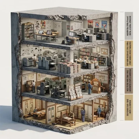 Evolution of Manga Museum Cutaway — Nano Banana 2 AI Prompt: Evolution of Manga --> A single chunky block (like a museum cutaway) sliced to r...