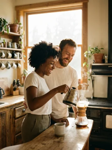 Valentine Morning Kitchen Moment — Nano Banana 2 AI Prompt: A close-up, candid photo of a diverse couple laughing together in a cozy sunlit...