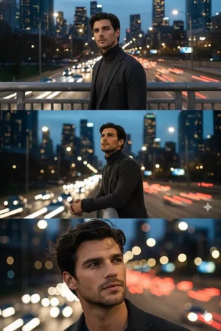 Night City Bridge Cinematic Triptych — Nano Banana 2 AI Prompt: Use the uploaded photo as the exact identity reference. Keep the same person, sa...