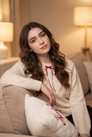 Cozy Couch Warm-Toned Portrait — Nano Banana 2 AI Prompt: A Ultra-realistic portrait of a young woman sitting on a beige couch in warm amb...