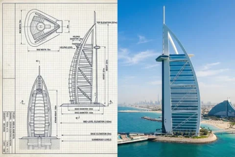 Sketch to Skyline: Burj Al Arab — Nano Banana 2 AI Prompt: Create a side-by-side comparison image featuring a technical sketch and real pho...