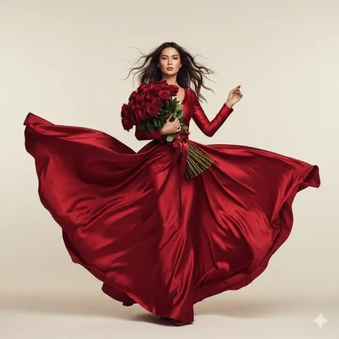 Valentine Fashion Editorial — Nano Banana 2 AI Prompt: Fashion editorial shoot of a woman in an elegant long red satin gown holding a b...