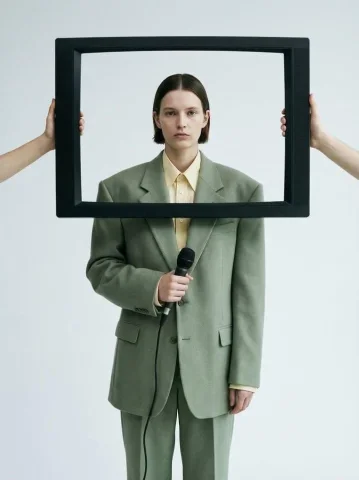 Minimalist Framed Reality Fashion Portrait — Nano Banana 2 AI Prompt: Minimalist conceptual fashion portrait of an androgynous model wearing an oversi...