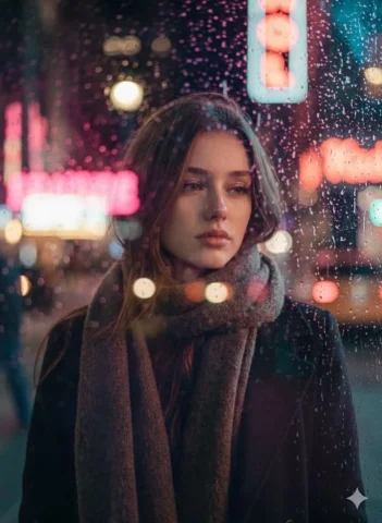 Rainy Night Neon Glass Window Portrait — Nano Banana 2 AI Prompt: A cinematic portrait of a young woman through a glass window on a rainy urban ni...
