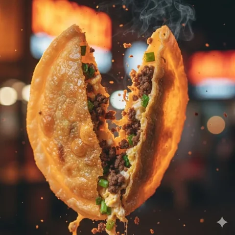 Crispy Martabak Telur Explosion Food Photography — Nano Banana 2 AI Prompt: Macro food photography of a crispy martabak telur tearing open mid-air, thin gol...