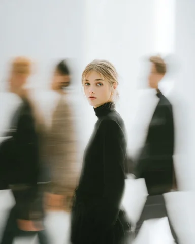 High Fashion Editorial — Still Figure Among Motion Blur — Nano Banana 2 AI Prompt: A high fashion magazine pictorial of an Alpine-looking woman in her early 20s wh...