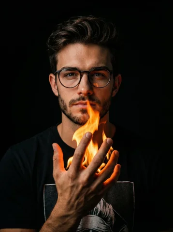 Dark Void — Man with Flame in Palm — Nano Banana 2 AI Prompt: A hyper-realistic, cinematic portrait of a man in a dark void. He is raising his...