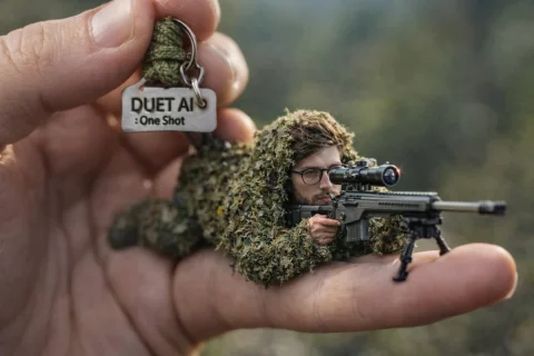 Macro Marvel — Ghillie Suit Sniper Keychain — Nano Banana 2 AI Prompt: A hyper-realistic, 8k, high-fidelity close-up shot captured with a macro lens, s...