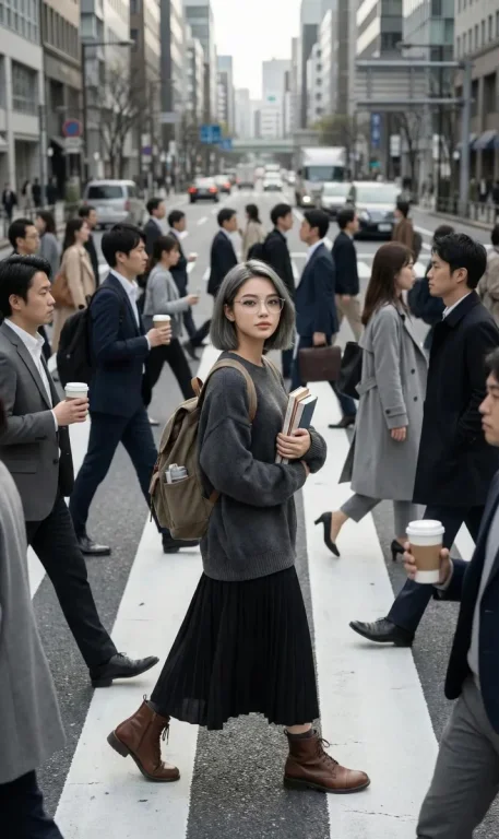 Urban Crosswalk — Still Girl Among the Crowd