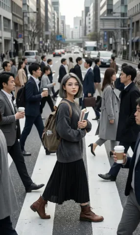 Urban Crosswalk — Still Girl Among the Crowd — Nano Banana 2 AI Prompt: A cinematic, hyper-realistic street photography shot of a young woman standing s...