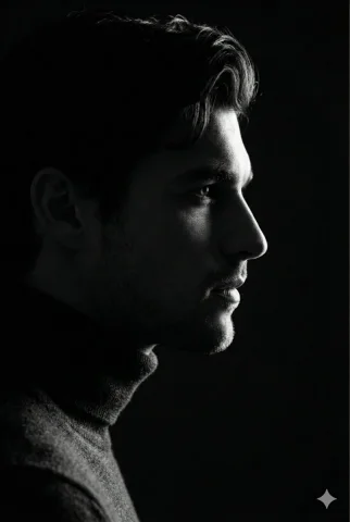 Low-Key Profile Portrait with Rim Lighting — Nano Banana 2 AI Prompt: Generate a low-key portrait of a man in profile, illuminated only by a single ri...