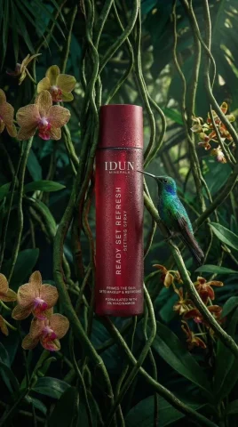Rainforest Hummingbird Setting Spray — Nano Banana 2 AI Prompt: { "subject": { "primary": "Cosmetic spray bottle", "secondary": "Hummi...