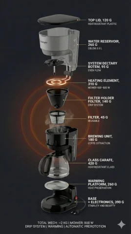 Exploded View Black Gold Coffee Maker — Nano Banana 2 AI Prompt: A photorealistic premium exploded view visualization of a Scarlett drip coffee m...