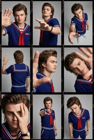 Retro Fashion Contact Sheet 3x3 — Nano Banana 2 AI Prompt: Editorial fashion contact sheet (3×3 grid) featuring Steve Harrington, styled in...