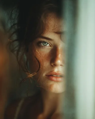 Mirror Gaze in Soft Morning Light — Nano Banana 2 AI Prompt: Woman looking into mirror but only her reflection is visible, deep emotional gaz...