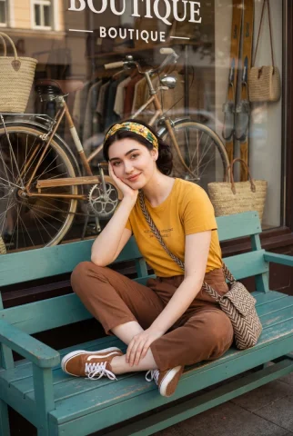 Retro Street Warm-Tone Fashion Girl — Nano Banana 2 AI Prompt: {"image_type":"single lifestyle fashion portrait","overall_style":"retro casual...