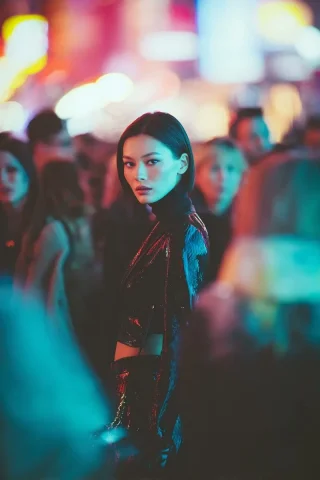 Neon Street Confident Girl — Nano Banana 2 AI Prompt: Ultra-realistic cinematic portrait of a stylish young woman standing in a crowde...