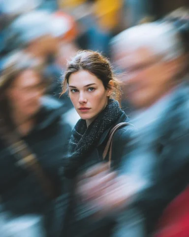Urban Still Shadow Crowd Flow — Nano Banana 2 AI Prompt: Ultra-realistic cinematic street portrait of a young woman standing still in a c...