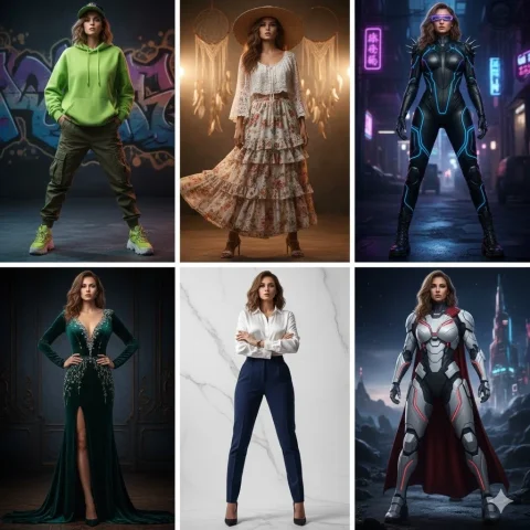 One Frame Six Looks Style Queen — Nano Banana 2 AI Prompt: Ultra-realistic cinematic portrait of a beautiful woman in 6 different stylish o...