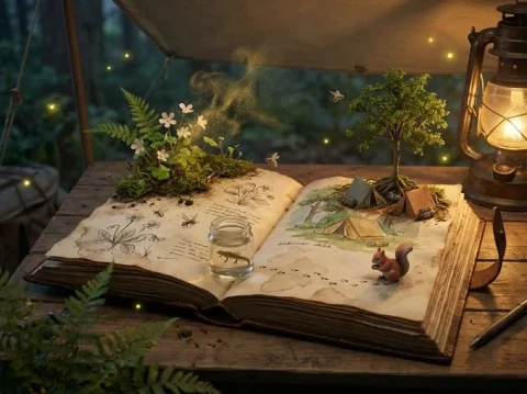 Field Sketch Photorealism Scene — Nano Banana 2 AI Prompt: Epic 3D scene: weathered field journal lies open on naturalist's camp table, pag...