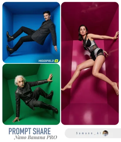 Surreal Color Box Fashion Editorial — Nano Banana 2 AI Prompt: Hyper-realistic high-fashion editorial photo inside a surreal 3D geometric "colo...