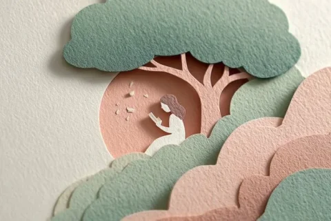 Soft Layered Paper Cut Whimsy — Nano Banana 2 AI Prompt: Layered paper-cut illustration of [subject], built with overlapping shapes in so...
