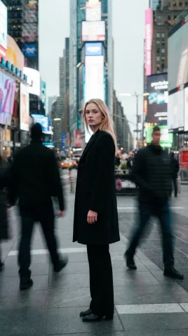 Times Square Motion Blur Blonde Fashion Editorial — Nano Banana 2 AI Prompt: A high fashion magazine pictorial of a young blonde American woman in her early...