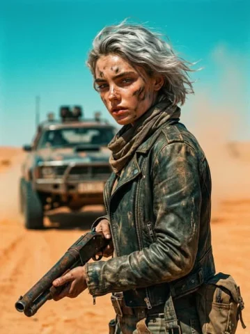 Wasteland Shotgun Survivor Cinematic Still — Nano Banana 2 AI Prompt: Photorealistic cinematic film still, live-action (no CGI). Preserve the subject'...