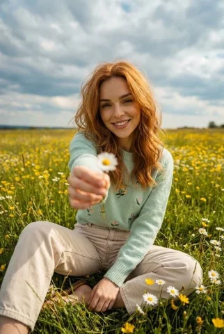 Sunlit Daisy Girl — Nano Banana 2 AI Prompt: { "prompt": "Create a cinematic, wide-angle portrait using the same face and ide...