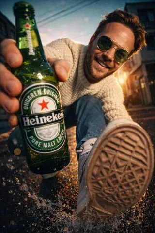 Street Model Flaunt Bottle — Nano Banana 2 AI Prompt: Professional photo, a guy, a 30-year-old Russian model (reference image), is fac...