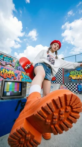 Skateboard Girl Extreme Low Angle — Nano Banana 2 AI Prompt: Based on , a confident young woman with playful expression, mouth slightly open,...