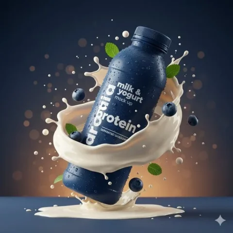 Ice Blue Protein Splash — Nano Banana 2 AI Prompt: 8K ultra-high-definition hyper-realistic commercial product photography, 3:4 ver...