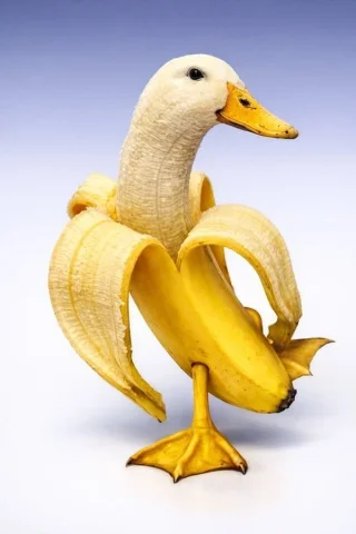 Banana Duck Fantasy Creature — Nano Banana 2 AI Prompt: 8K UHD, 3:4 aspect ratio, hyper-detailed photorealistic-surreal hybrid. Banana D...