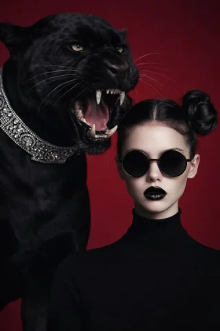 Pale Supermodel Black Panther — Nano Banana 2 AI Prompt: High-fashion editorial portrait of a pale woman with symmetrical double space bu...