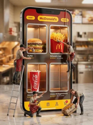 Ultra Realistic McDonalds Ad — Nano Banana 2 AI Prompt: Ultra-realistic creative advertising scene showing a giant smartphone displaying...