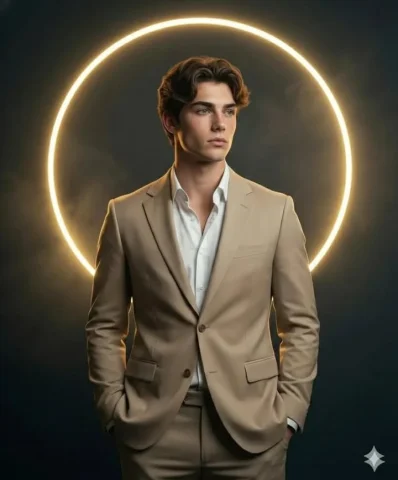 Neon Halo Noble — Nano Banana 2 AI Prompt: A high-definition, cinematic portrait of a sharp, handsome young man with wavy d...