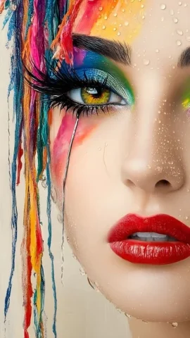 Rainbow Paint Dripping Closeup — Nano Banana 2 AI Prompt: A close-up cinematic shot of a woman's face, half of her face in frame, with vib...