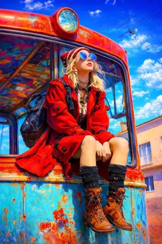 Vintage Bus Red Trench Girl — Nano Banana 2 AI Prompt: A stylish young woman sitting on the front edge of an old vintage bus, wearing a...